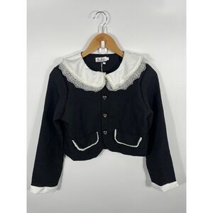 NWT Peter Pan Collar Blazer Womens M Black Lace Pearl Trim Heart Dark Academia